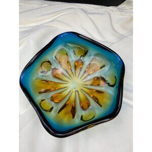 Vintage Art Glass Bowl Blue Yellow candy dish centerpiece SKU 6691